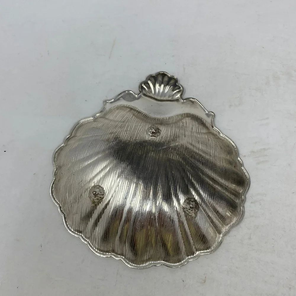 Vintage Silver Tone Scallop Shell Trinket Dish Set of 2 Footed Catchall 6in